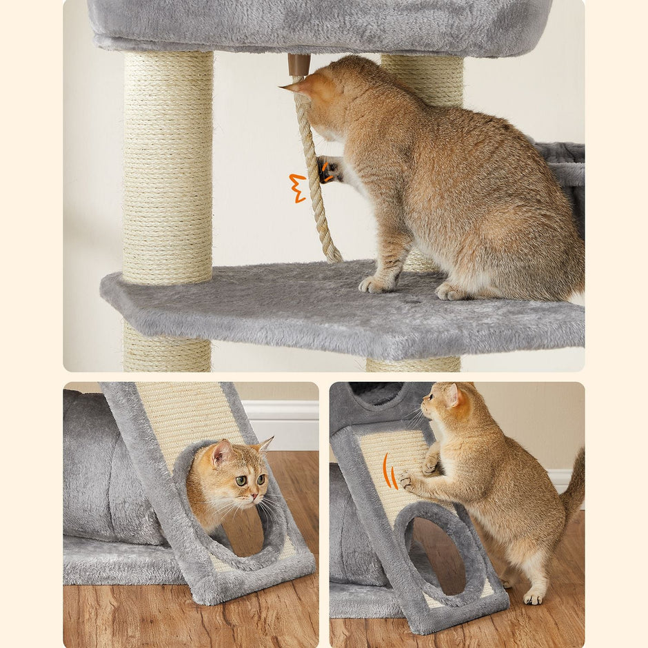 Cat Condo – PCT02W – Light Grey – Large Tower with Fluffy Plush Perch and Cuddle Cave