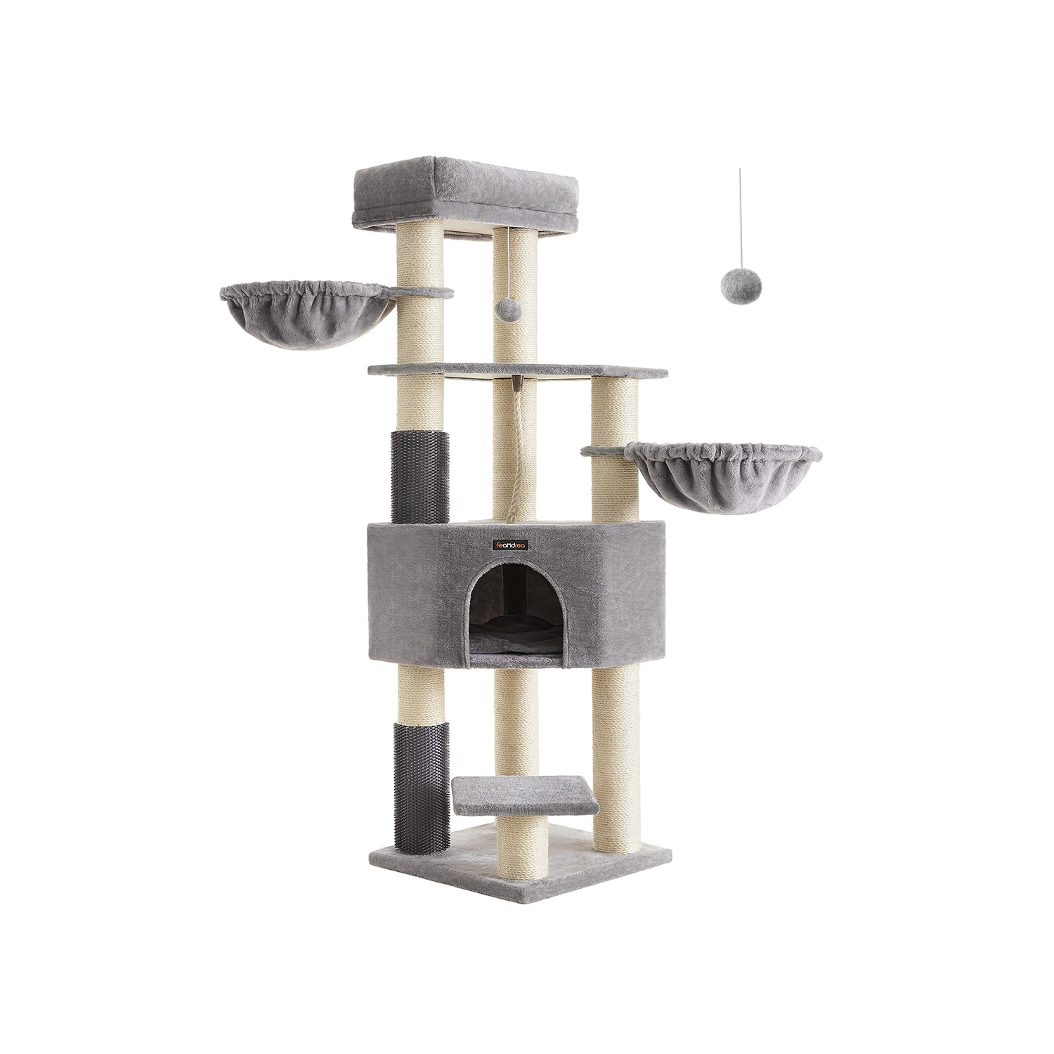 Heavy-Duty Cat Tower – Engineered Wood – Gray – 9 Scratching Posts, Self-Warming Pads, Dual Self-Groomers, Large Perch and Cave