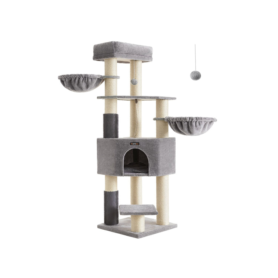 Heavy-Duty Cat Tower – Engineered Wood – Gray – 9 Scratching Posts, Self-Warming Pads, Dual Self-Groomers, Large Perch and Cave