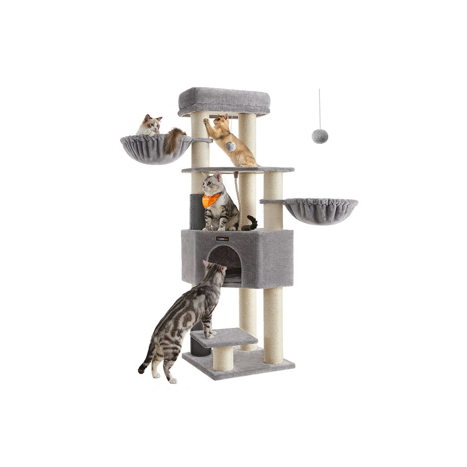 Heavy-Duty Cat Tower – Engineered Wood – Gray – 9 Scratching Posts, Self-Warming Pads, Dual Self-Groomers, Large Perch and Cave