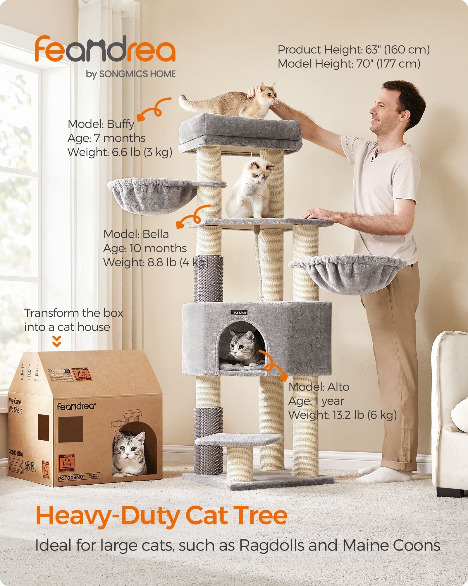 Heavy-Duty Cat Tower – Engineered Wood – Gray – 9 Scratching Posts, Self-Warming Pads, Dual Self-Groomers, Large Perch and Cave