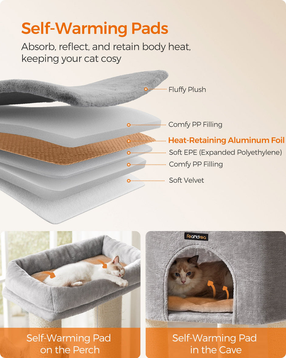 Heavy-Duty Cat Tower – Engineered Wood – Gray – 9 Scratching Posts, Self-Warming Pads, Dual Self-Groomers, Large Perch and Cave