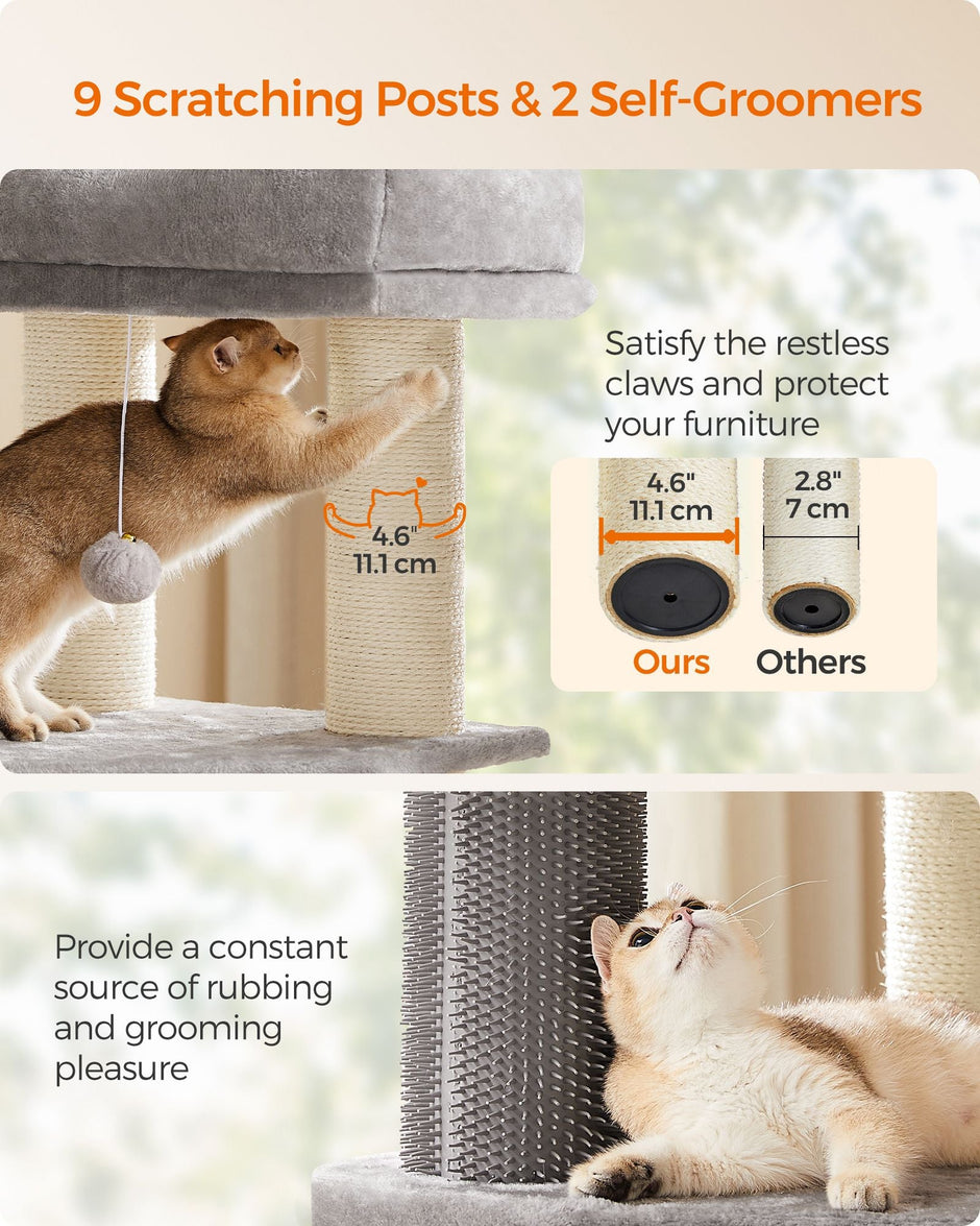 Heavy-Duty Cat Tower – Engineered Wood – Gray – 9 Scratching Posts, Self-Warming Pads, Dual Self-Groomers, Large Perch and Cave
