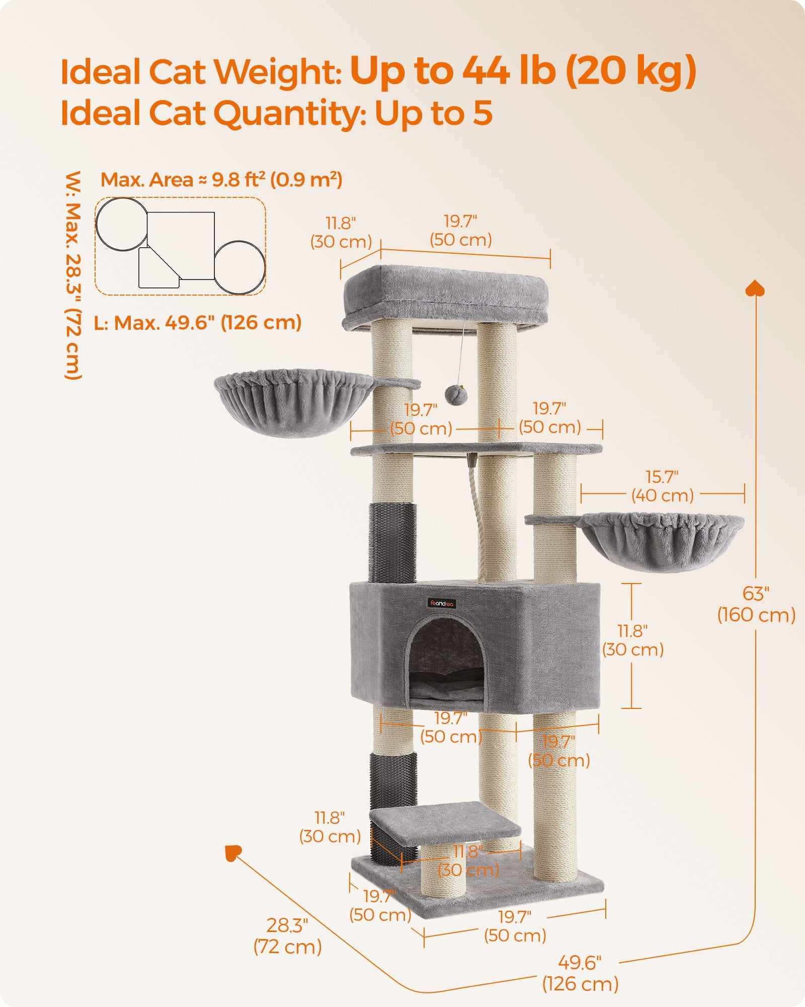 Heavy-Duty Cat Tower – Engineered Wood – Gray – 9 Scratching Posts, Self-Warming Pads, Dual Self-Groomers, Large Perch and Cave