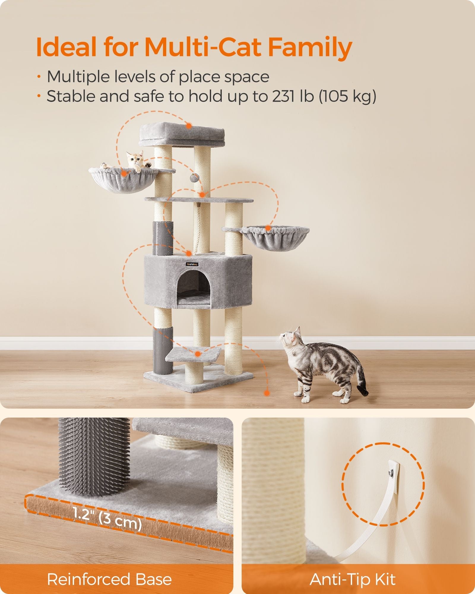 Heavy-Duty Cat Tower – Engineered Wood – Gray – 9 Scratching Posts, Self-Warming Pads, Dual Self-Groomers, Large Perch and Cave
