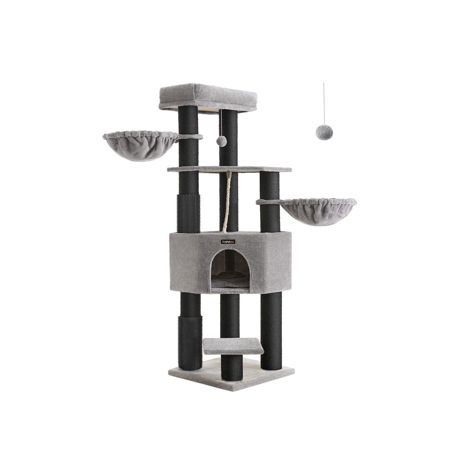 Heavy-Duty Cat Tower – Engineered Wood – Gray – 9 Scratching Posts, Self-Warming Pads, Dual Self-Groomers, Large Perch and Cave