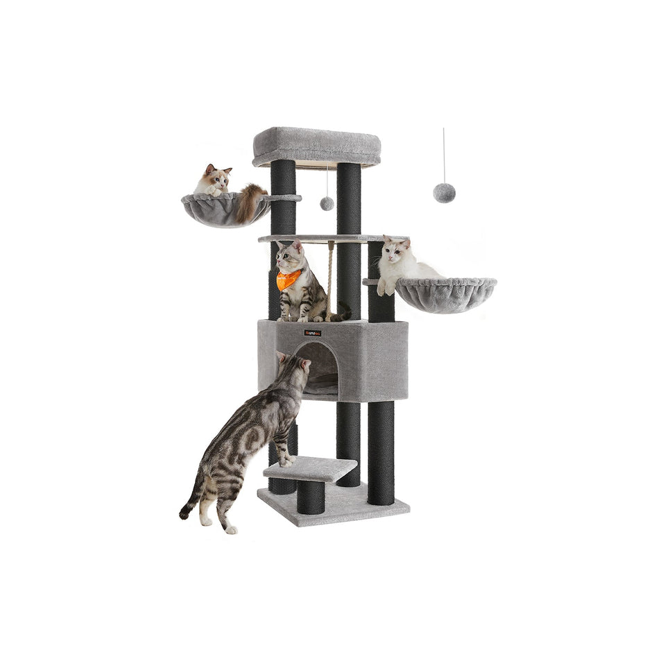 Heavy-Duty Cat Tower – Engineered Wood – Gray – 9 Scratching Posts, Self-Warming Pads, Dual Self-Groomers, Large Perch and Cave