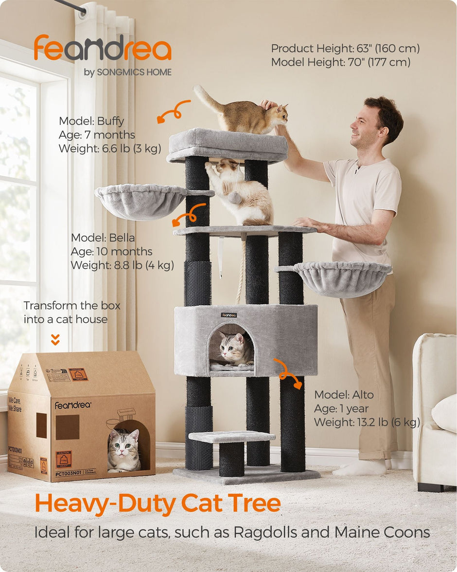 Heavy-Duty Cat Tower – Engineered Wood – Gray – 9 Scratching Posts, Self-Warming Pads, Dual Self-Groomers, Large Perch and Cave