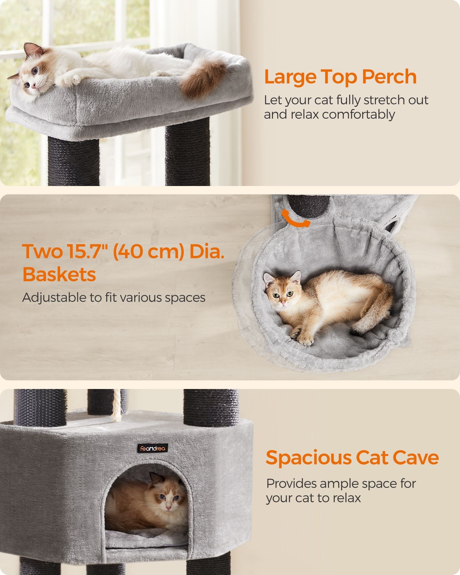 Heavy-Duty Cat Tower – Engineered Wood – Gray – 9 Scratching Posts, Self-Warming Pads, Dual Self-Groomers, Large Perch and Cave