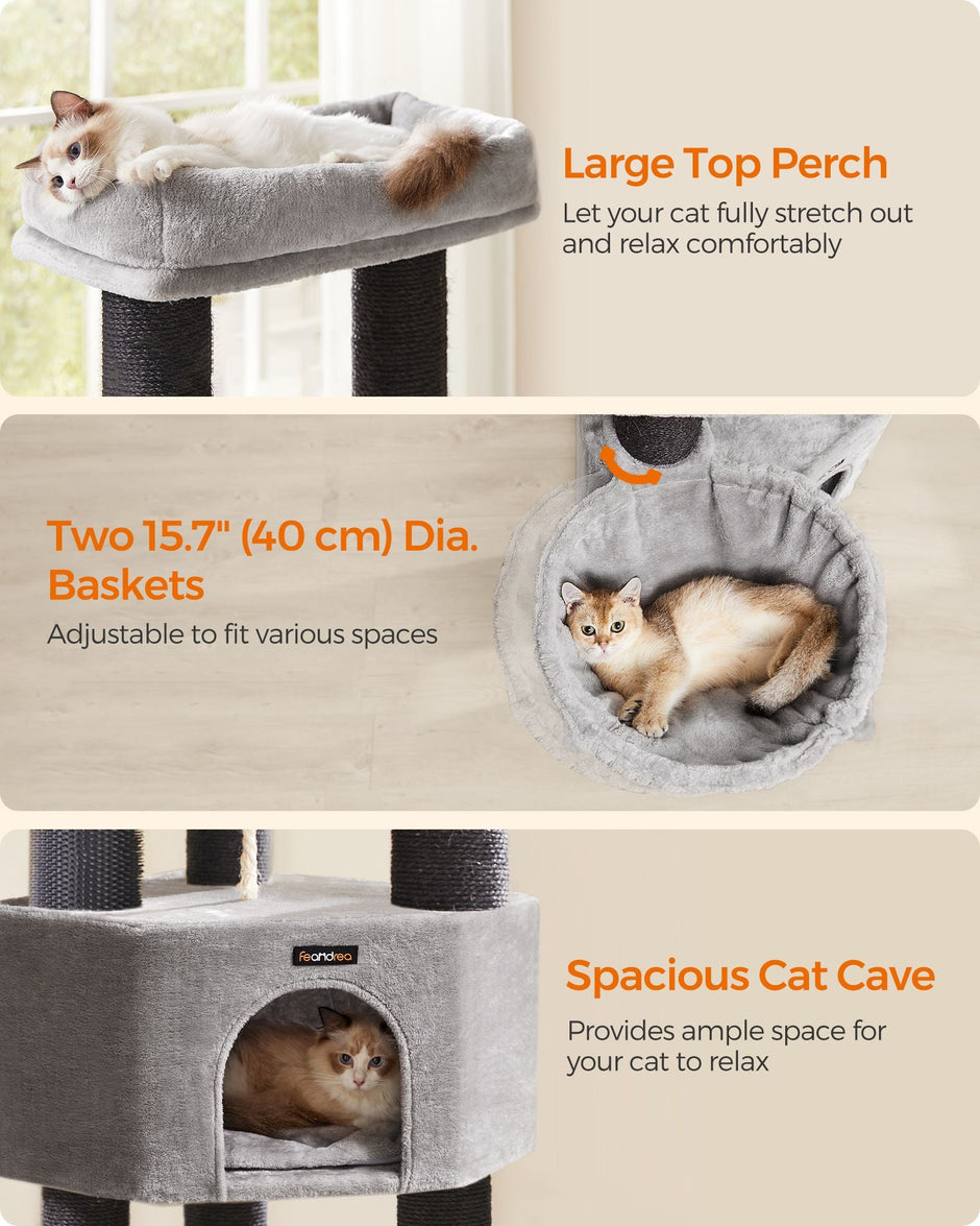 Heavy-Duty Cat Tower – Engineered Wood – Gray – 9 Scratching Posts, Self-Warming Pads, Dual Self-Groomers, Large Perch and Cave