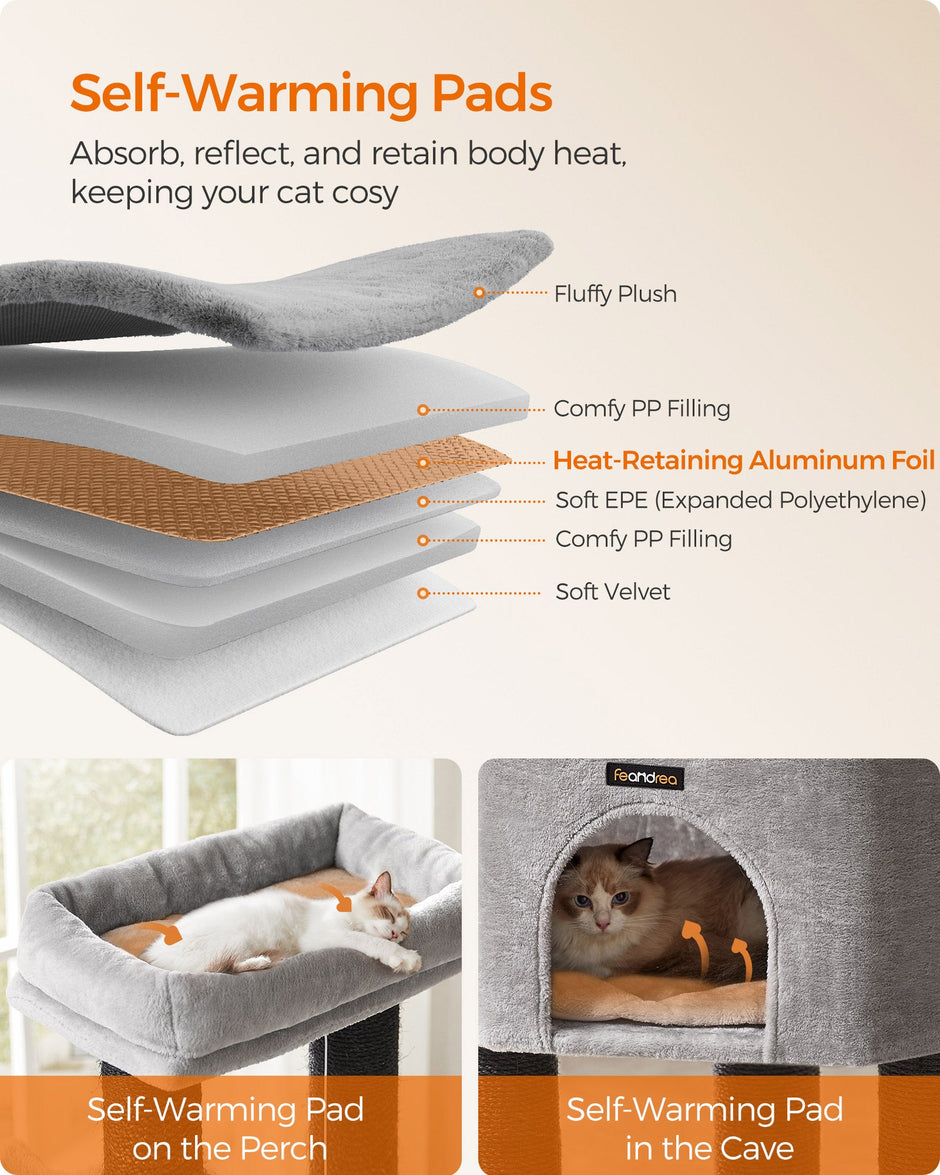 Heavy-Duty Cat Tower – Engineered Wood – Gray – 9 Scratching Posts, Self-Warming Pads, Dual Self-Groomers, Large Perch and Cave