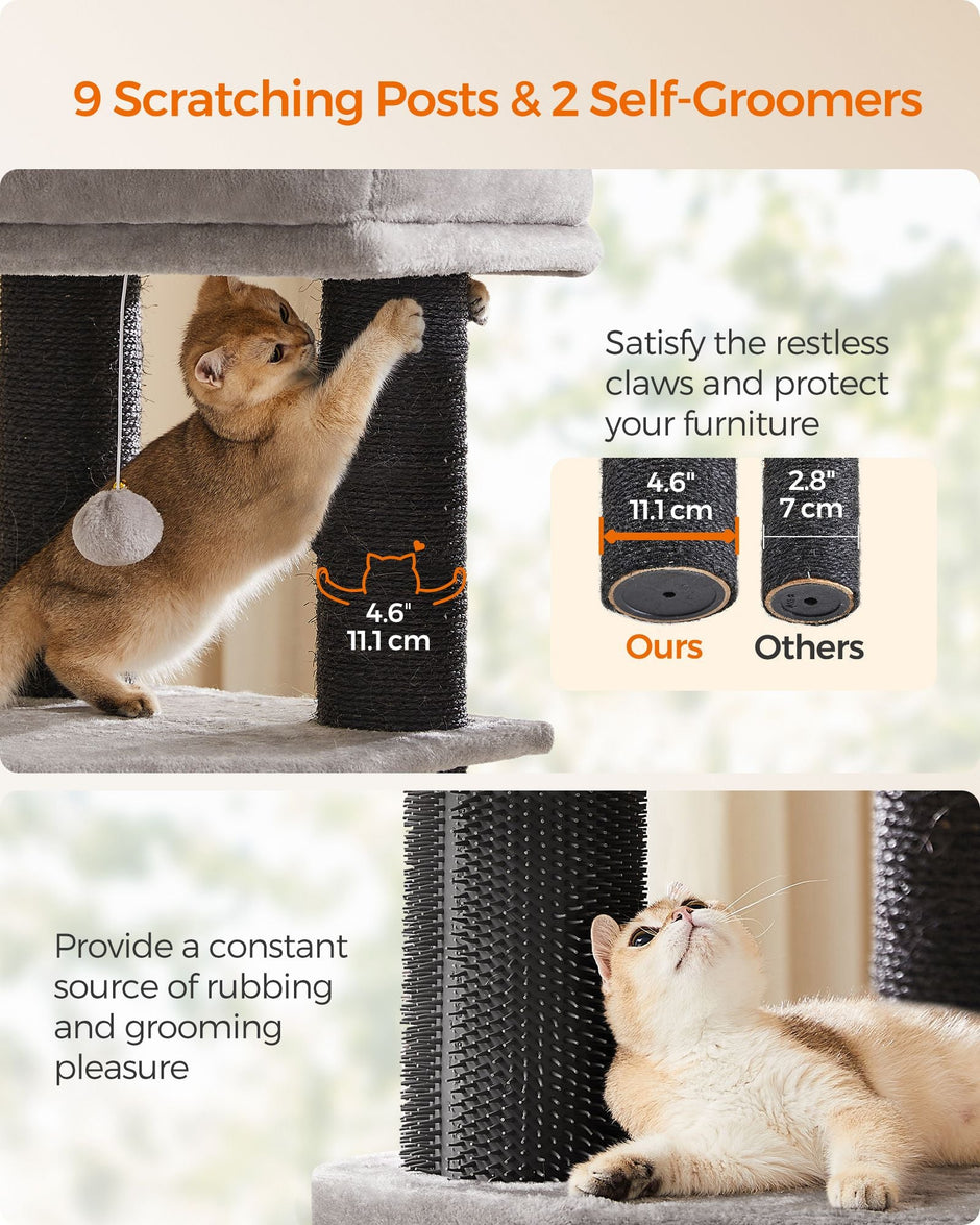 Heavy-Duty Cat Tower – Engineered Wood – Gray – 9 Scratching Posts, Self-Warming Pads, Dual Self-Groomers, Large Perch and Cave
