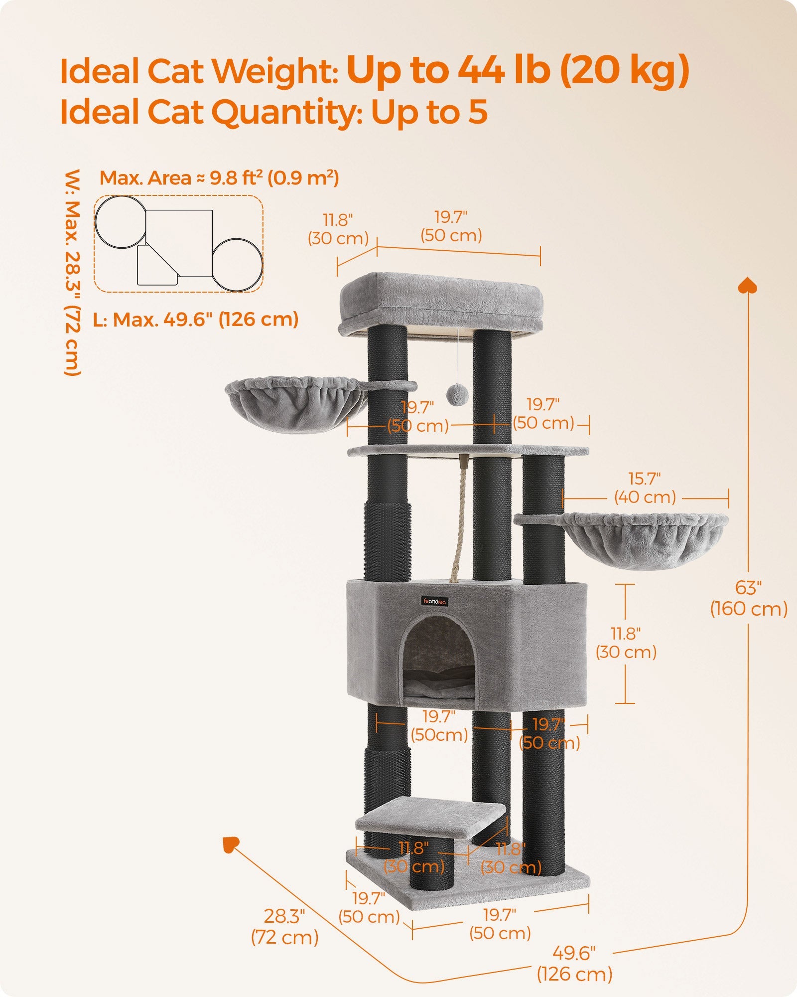 Heavy-Duty Cat Tower – Engineered Wood – Gray – 9 Scratching Posts, Self-Warming Pads, Dual Self-Groomers, Large Perch and Cave