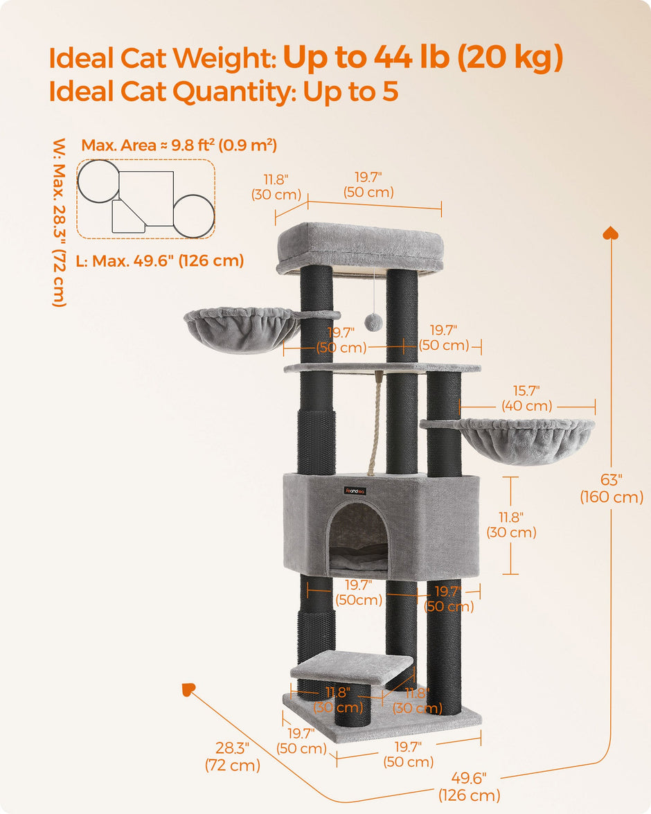 Heavy-Duty Cat Tower – Engineered Wood – Gray – 9 Scratching Posts, Self-Warming Pads, Dual Self-Groomers, Large Perch and Cave