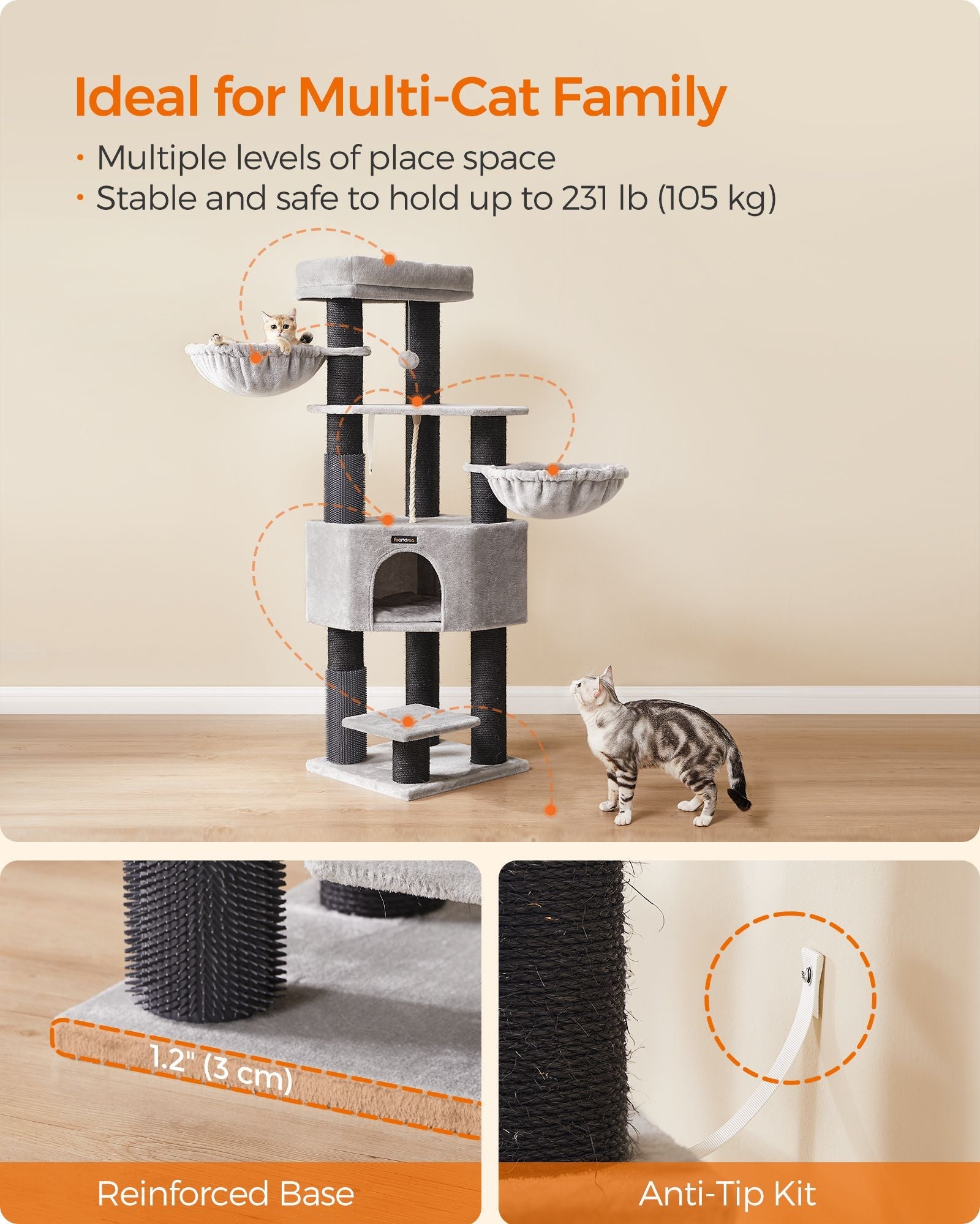 Heavy-Duty Cat Tower – Engineered Wood – Gray – 9 Scratching Posts, Self-Warming Pads, Dual Self-Groomers, Large Perch and Cave