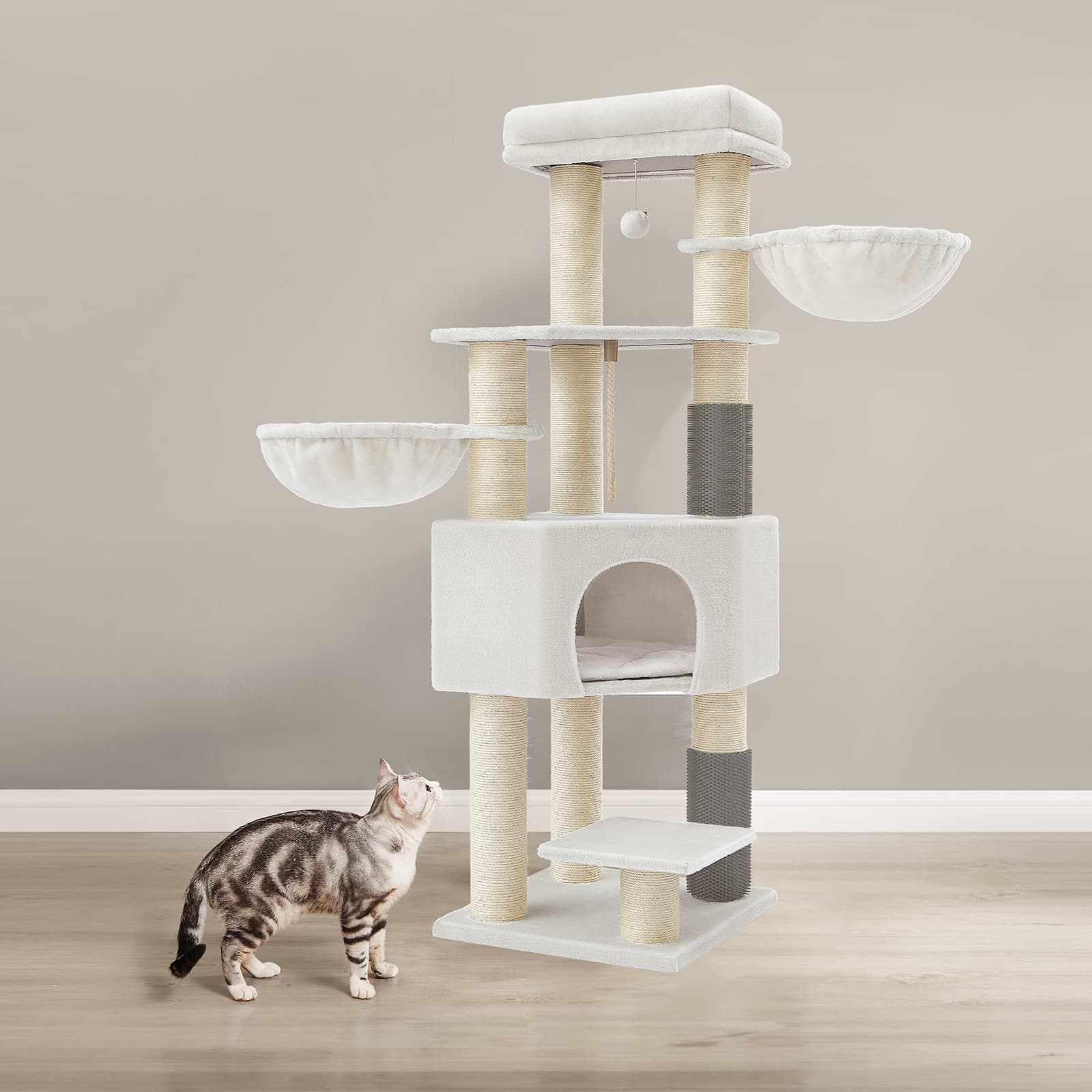 Cat Condo – Heavy-Duty Fabric – Dove Grey and Beige – Features Self-Warming Pads and 9 Scratching Posts