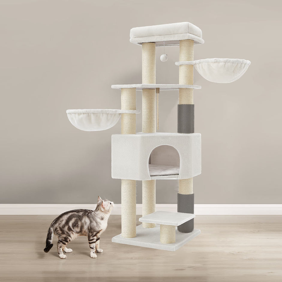 Cat Condo – Heavy-Duty Fabric – Dove Grey and Beige – Features Self-Warming Pads and 9 Scratching Posts