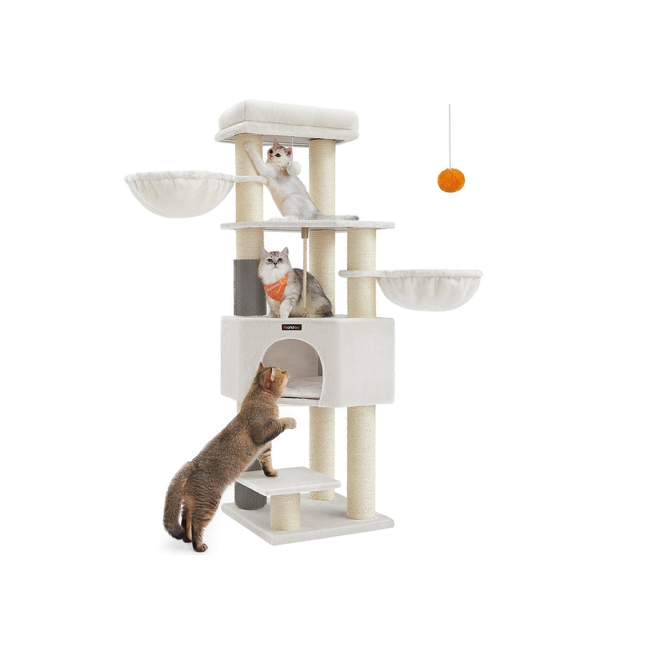 Cat Tree – Heavy-Duty Wood – Cream White and Beige – Large Perch with Self-Warming Pads and Multiple Scratching Posts