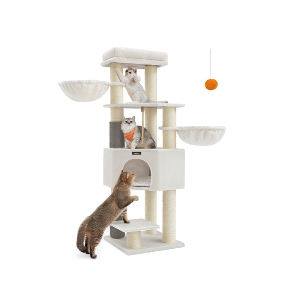 Cat Tree – Heavy-Duty Wood – Cream White and Beige – Large Perch with Self-Warming Pads and Multiple Scratching Posts