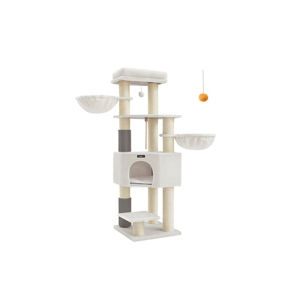 Cat Tree – Heavy-Duty Wood – Cream White and Beige – Large Perch with Self-Warming Pads and Multiple Scratching Posts