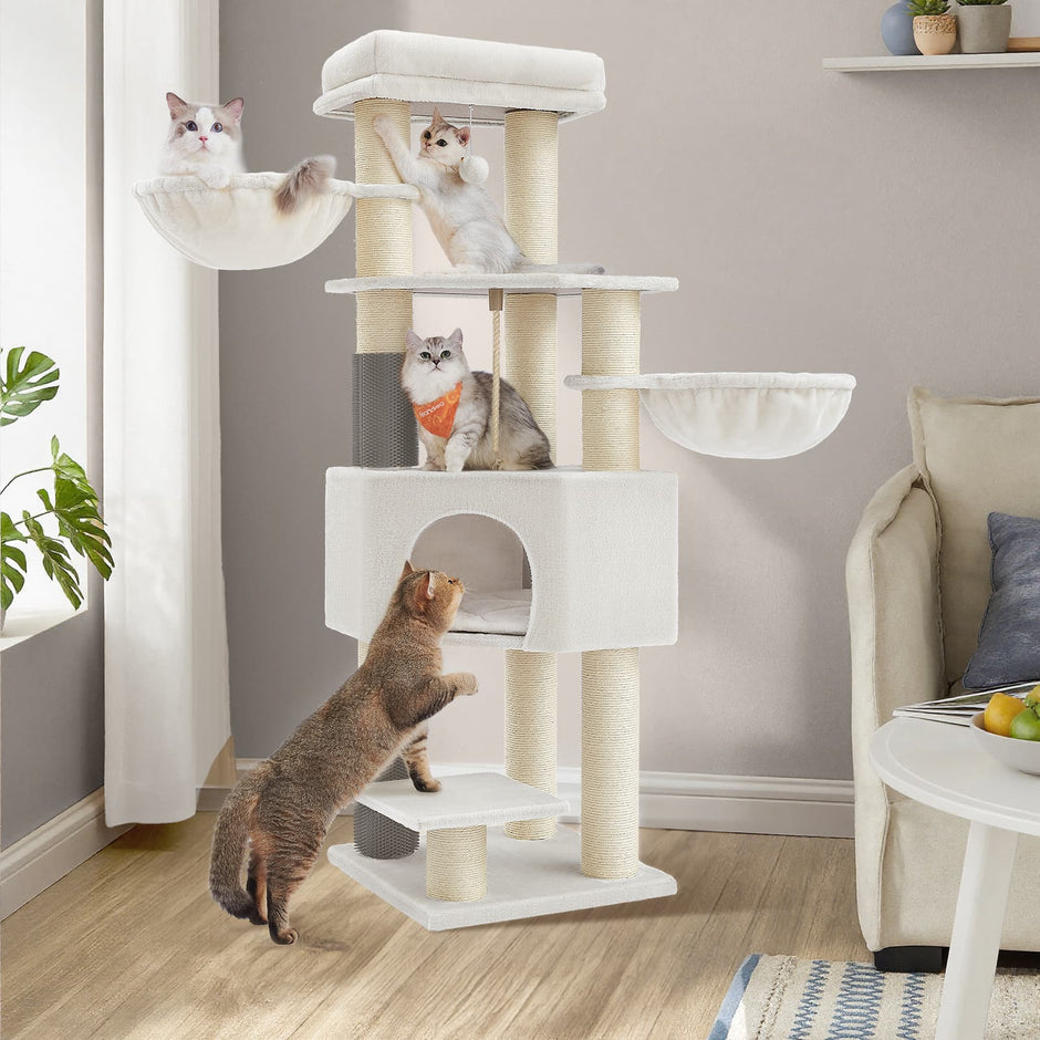 Cat Condo – Heavy-Duty Fabric – Dove Grey and Beige – Features Self-Warming Pads and 9 Scratching Posts