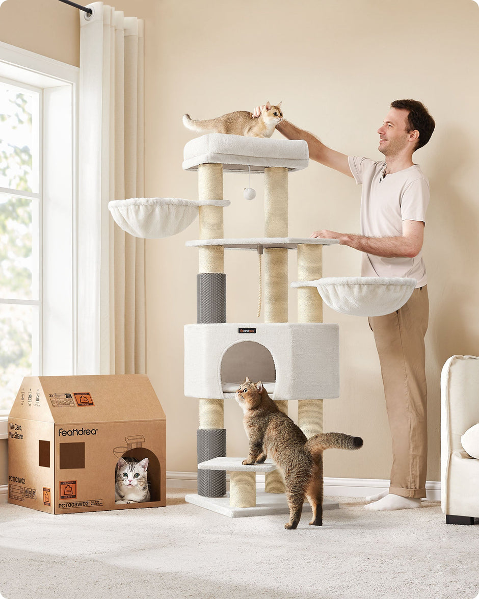 Cat Tree – Heavy-Duty Wood – Cream White and Beige – Large Perch with Self-Warming Pads and Multiple Scratching Posts