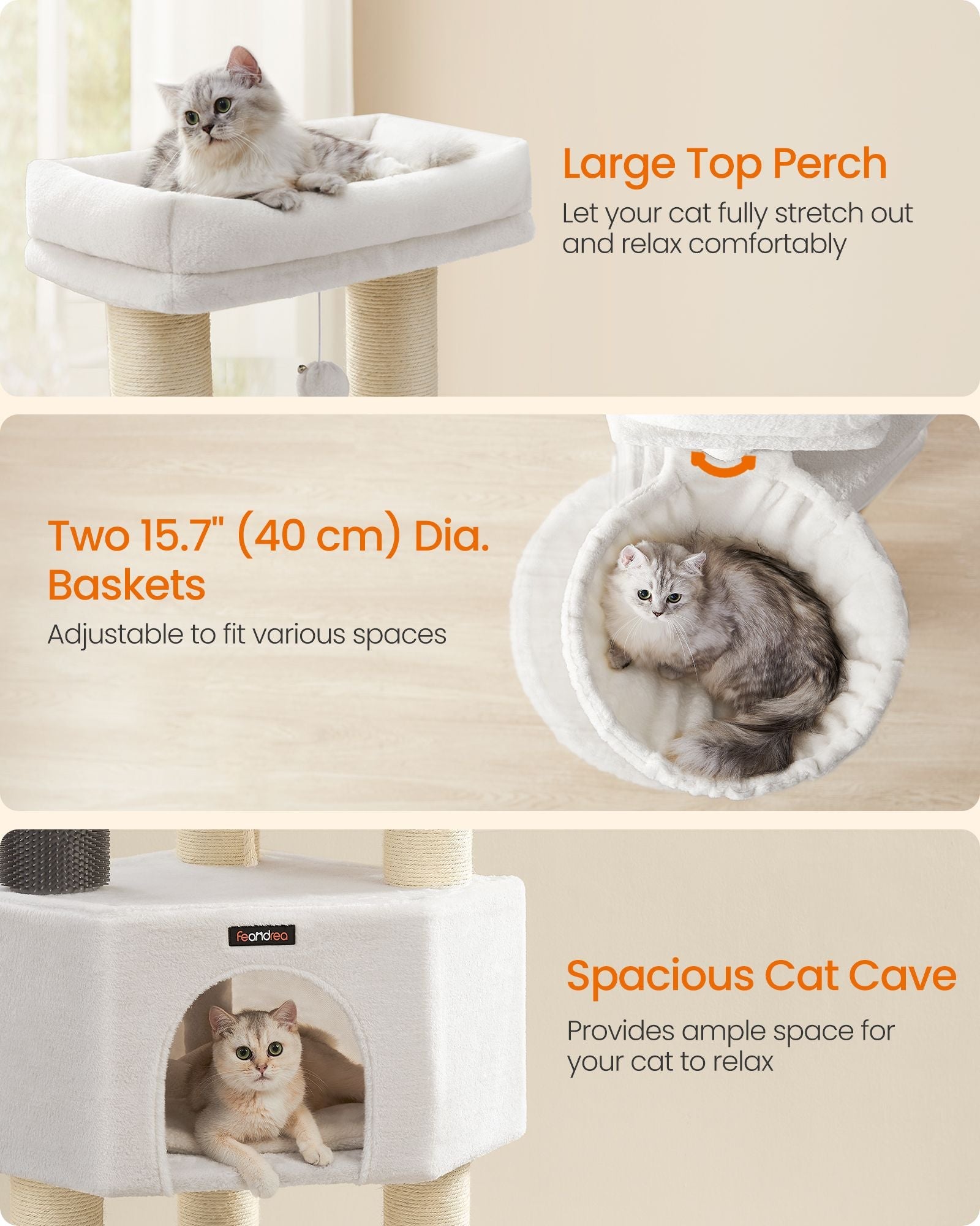 Cat Tree – Heavy-Duty Wood – Cream White and Beige – Large Perch with Self-Warming Pads and Multiple Scratching Posts
