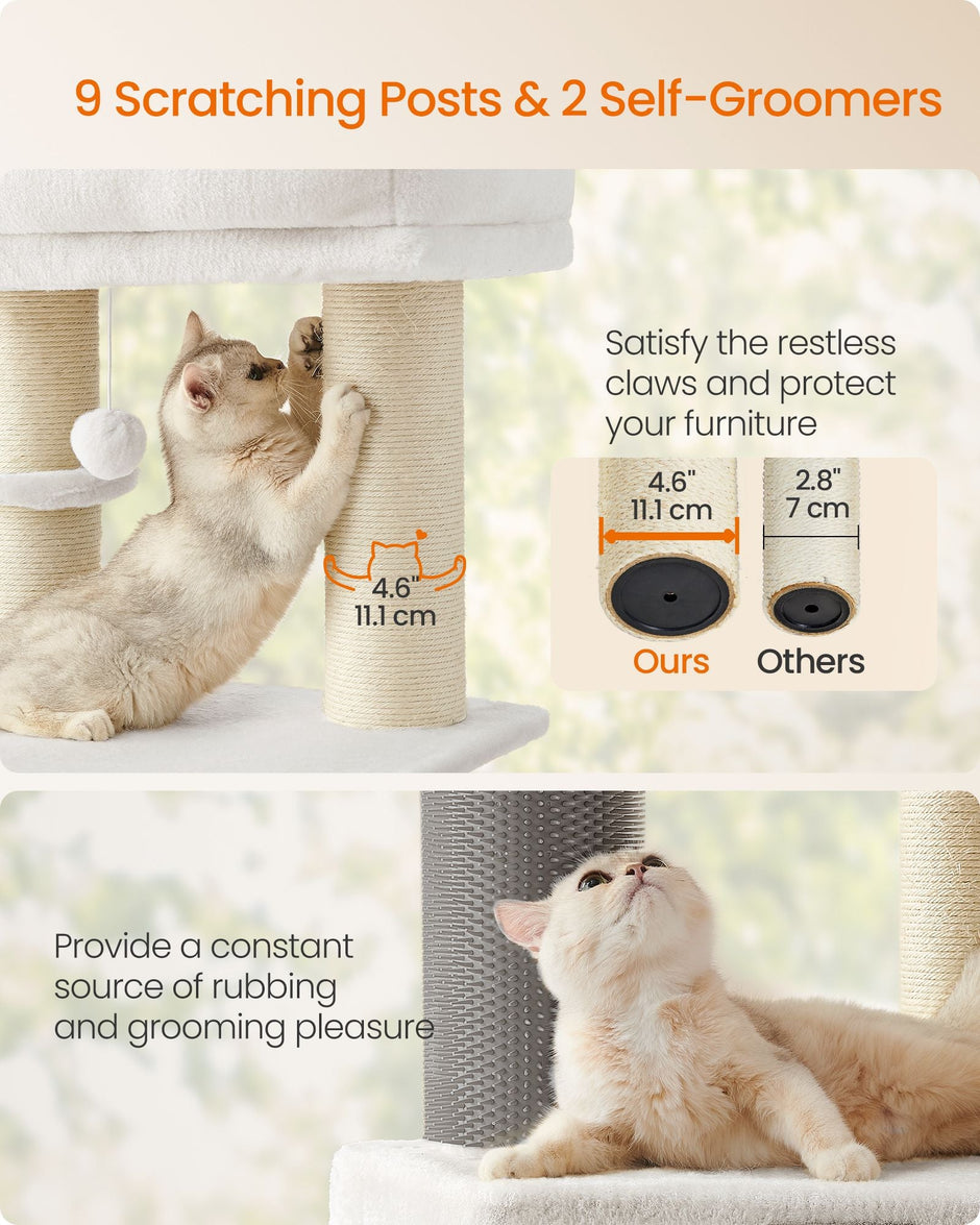 Cat Tree – Heavy-Duty Wood – Cream White and Beige – Large Perch with Self-Warming Pads and Multiple Scratching Posts