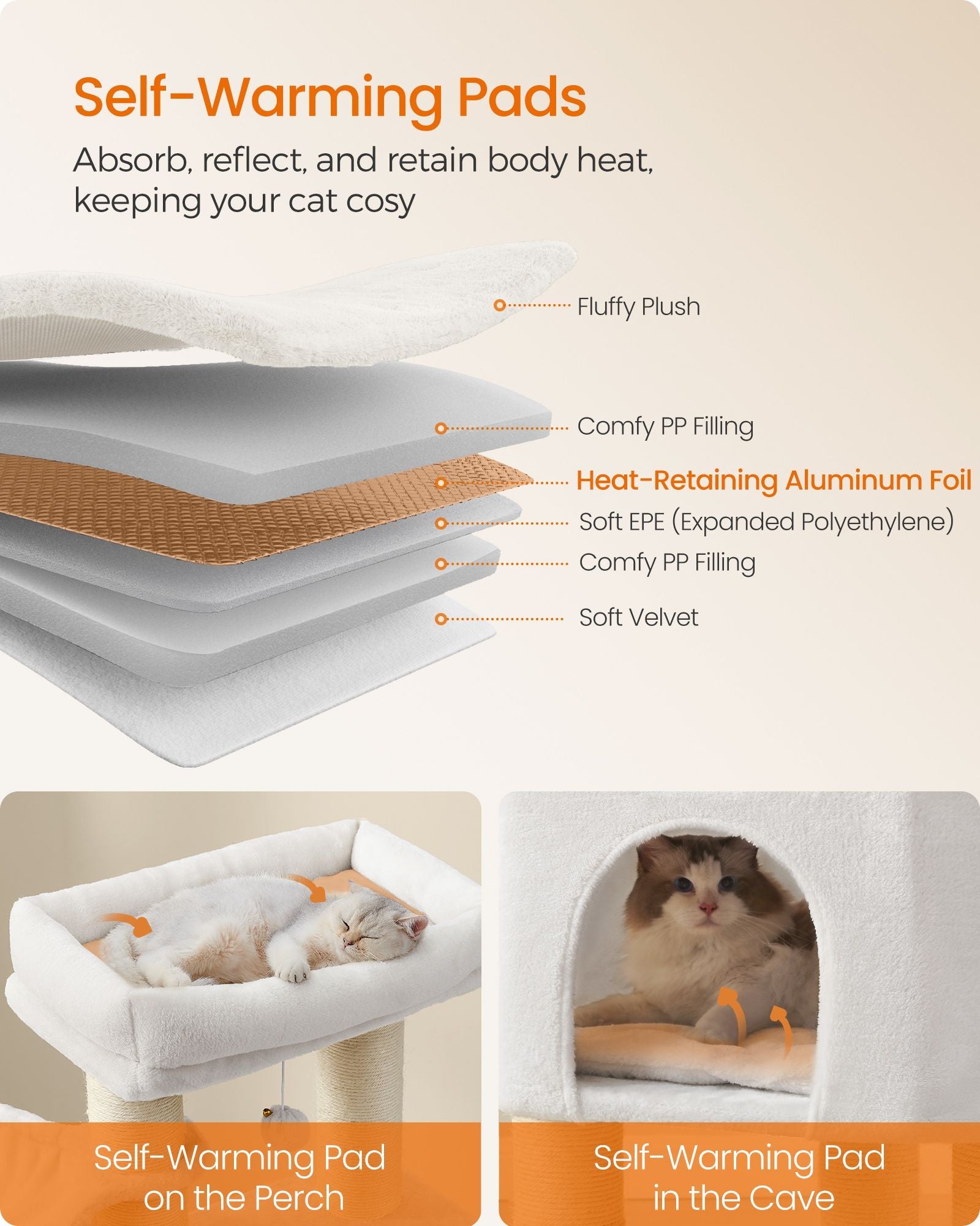 Cat Tree – Heavy-Duty Wood – Cream White and Beige – Large Perch with Self-Warming Pads and Multiple Scratching Posts