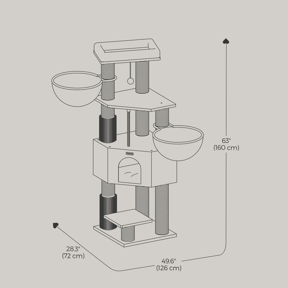 Cat Condo – Heavy-Duty Fabric – Dove Grey and Beige – Features Self-Warming Pads and 9 Scratching Posts