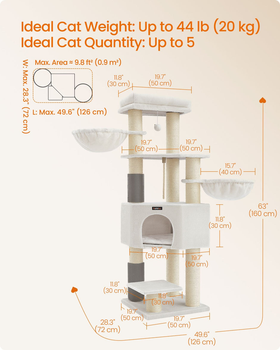 Cat Tree – Heavy-Duty Wood – Cream White and Beige – Large Perch with Self-Warming Pads and Multiple Scratching Posts