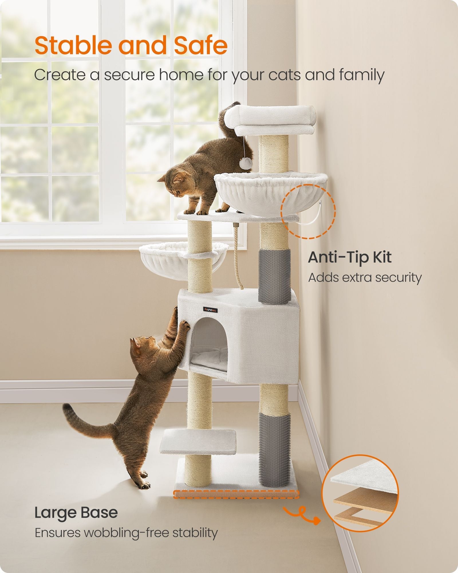 Cat Tree – Heavy-Duty Wood – Cream White and Beige – Large Perch with Self-Warming Pads and Multiple Scratching Posts
