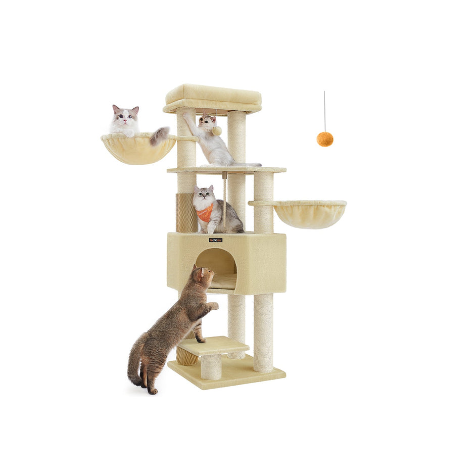 Cat Tree – Heavy-Duty Material – Sand Beige and Beige – Large Perch and Self-Warming Pads