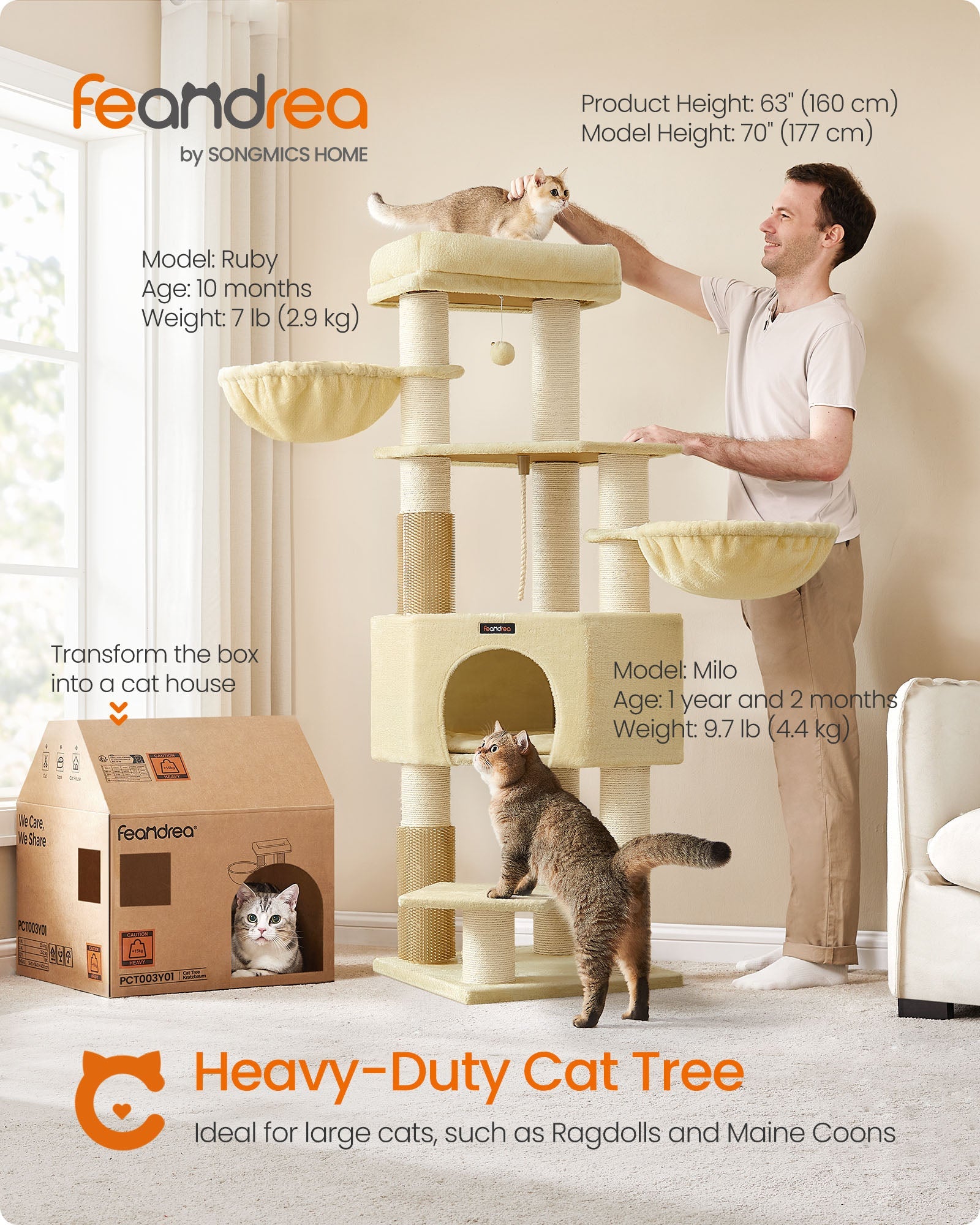 Cat Tree – Heavy-Duty Material – Sand Beige and Beige – Large Perch and Self-Warming Pads