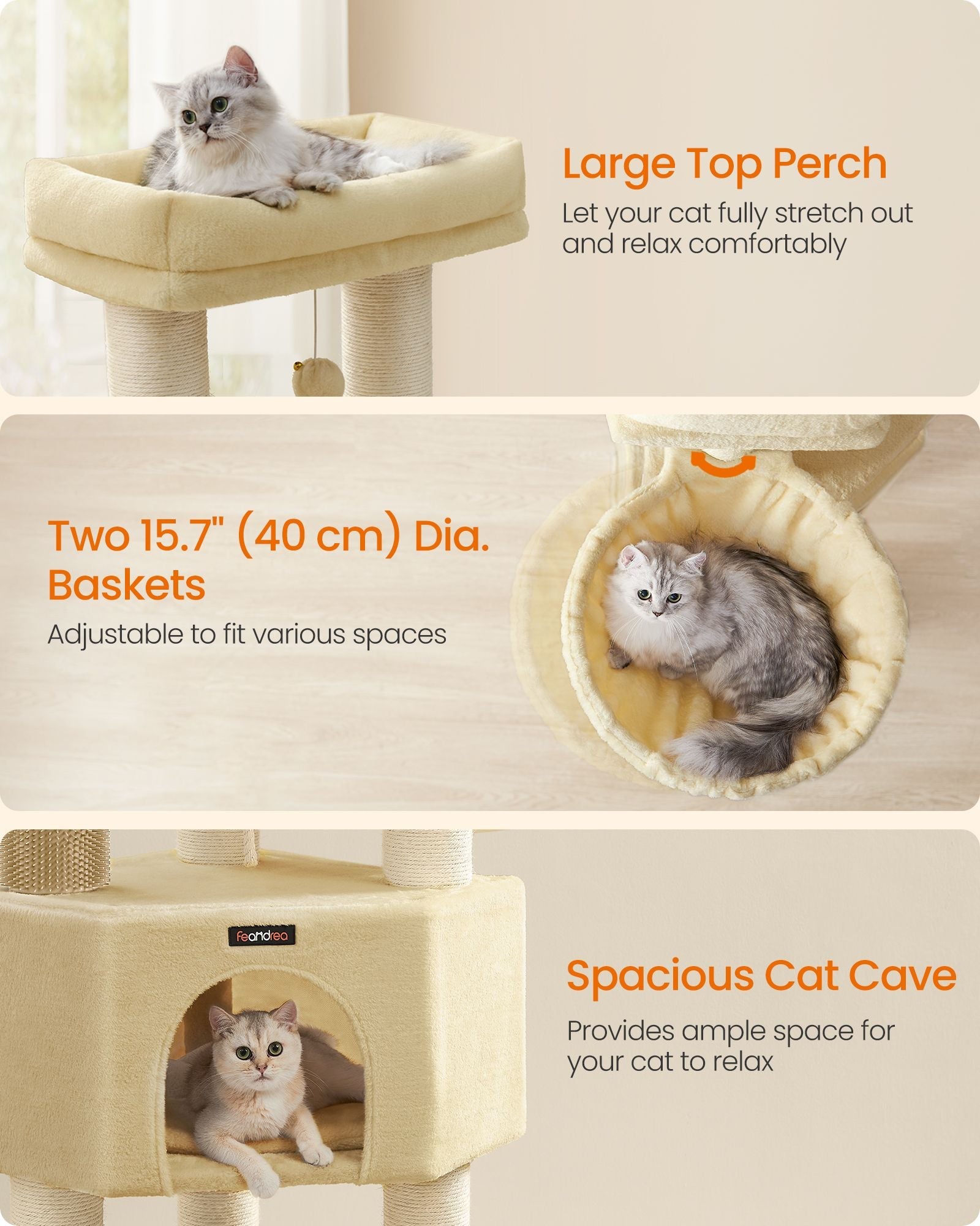 Cat Tree – Heavy-Duty Material – Sand Beige and Beige – Large Perch and Self-Warming Pads