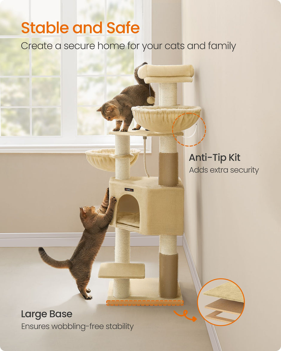 Cat Tree – Heavy-Duty Material – Sand Beige and Beige – Large Perch and Self-Warming Pads