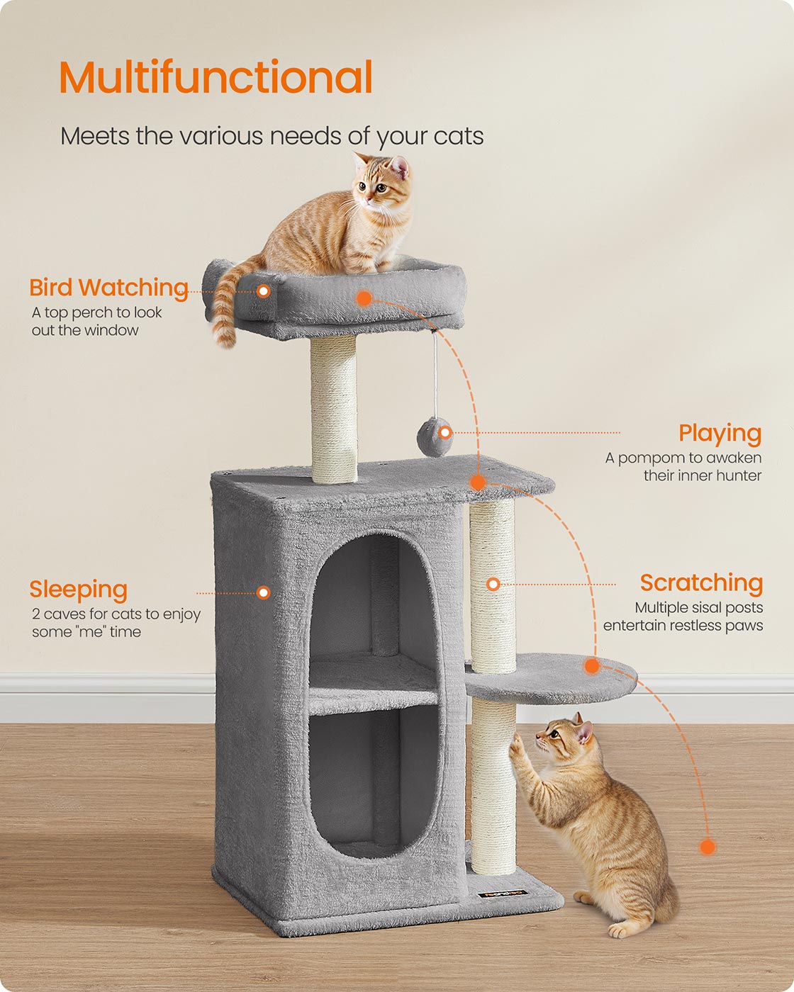 Cat Tree Tower – Engineered Wood – Light Grey – Multi-Cat Design with 2 Caves and Scratching Posts