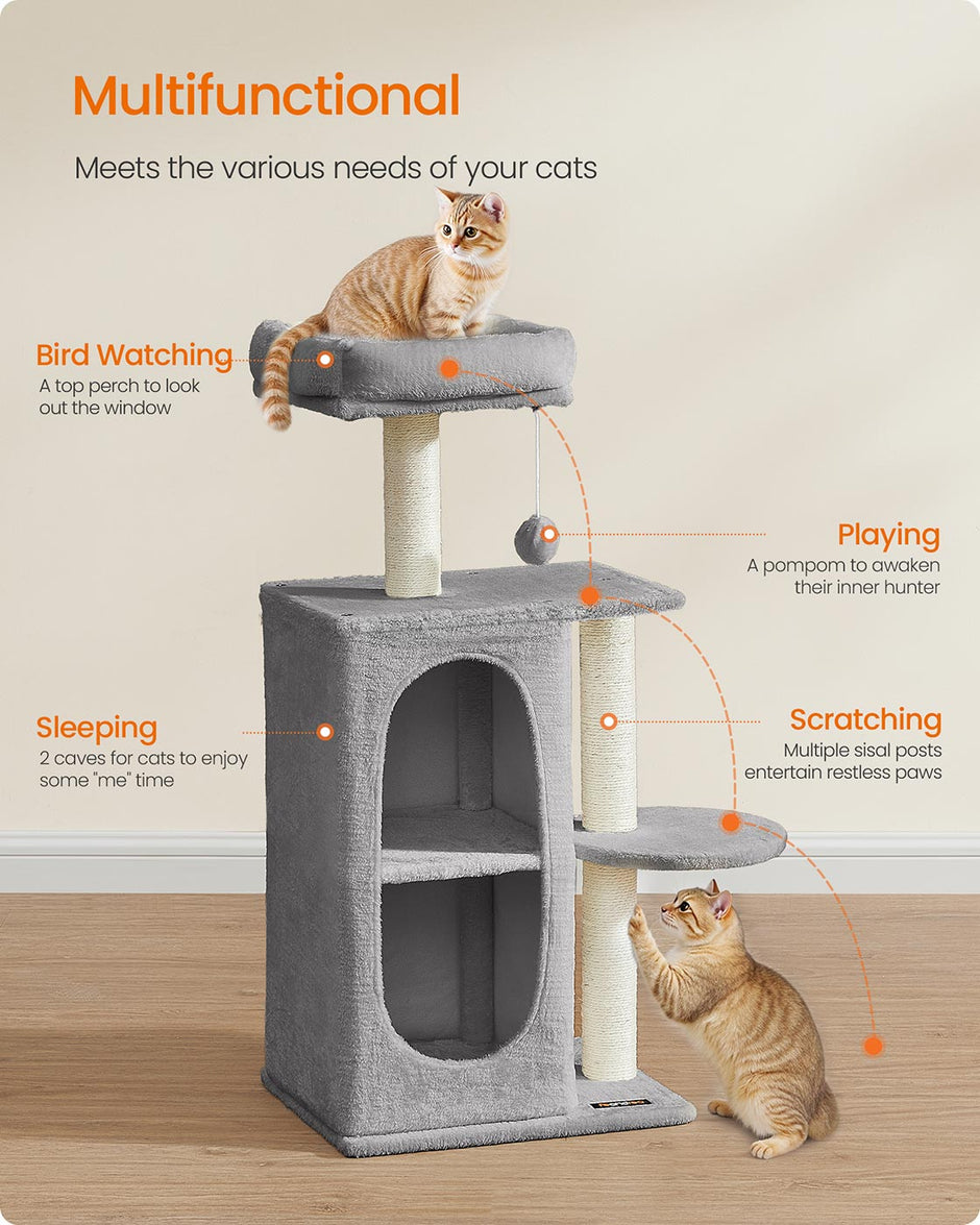 Cat Tree Tower – Engineered Wood – Light Grey – Multi-Cat Design with 2 Caves and Scratching Posts