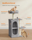 Cat Tree Tower – Engineered Wood – Light Grey – Multi-Cat Design with 2 Caves and Scratching Posts