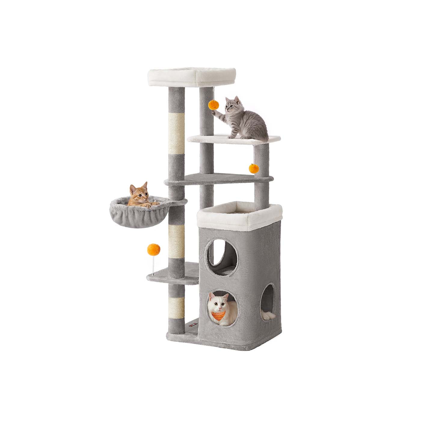 Multi-Level Cat Tree – Engineered Wood – Dove Grey – Includes Caves, Basket, Scratching Posts, and Perches