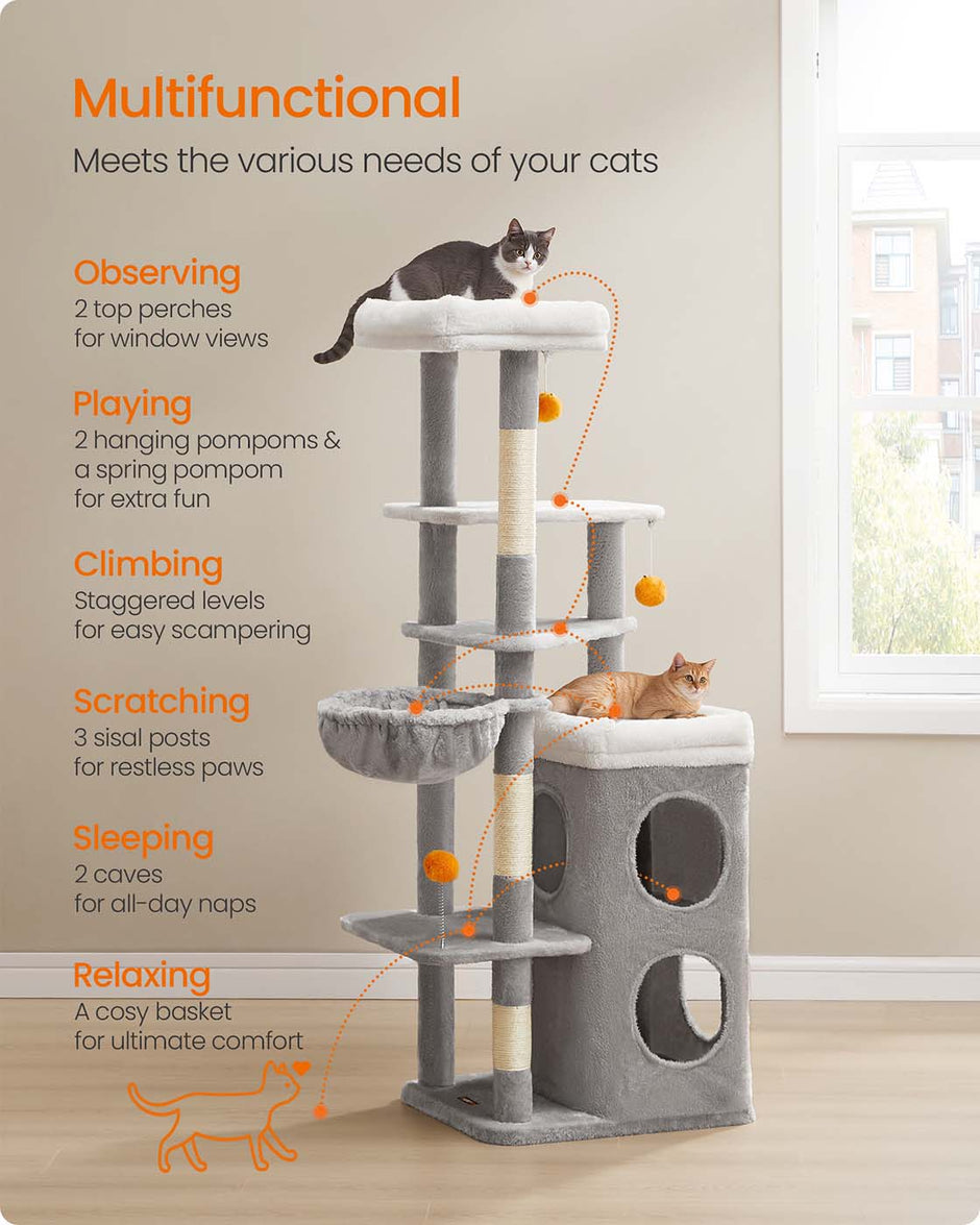 Multi-Level Cat Tree – Engineered Wood – Dove Grey – Includes Caves, Basket, Scratching Posts, and Perches