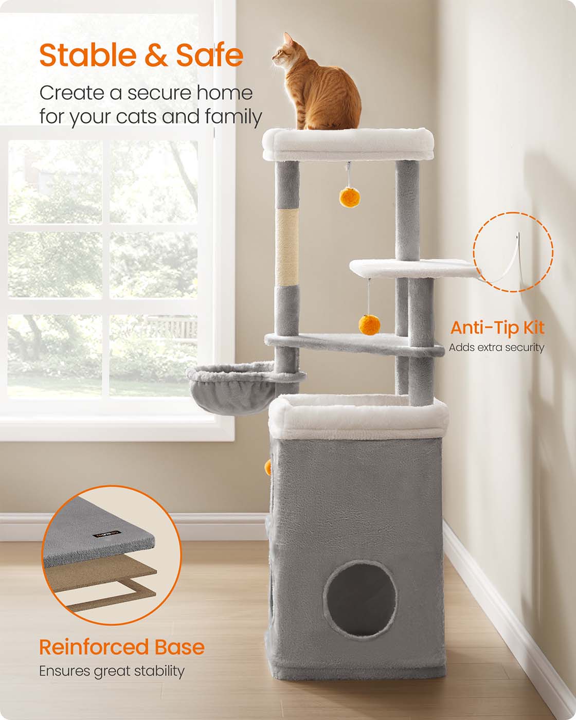 Multi-Level Cat Tree – Engineered Wood – Dove Grey – Includes Caves, Basket, Scratching Posts, and Perches