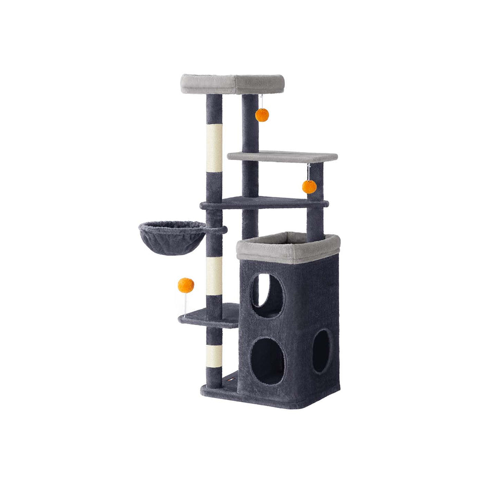 Multi-Level Cat Tree – Engineered Wood – Dove Grey – Includes Caves, Basket, Scratching Posts, and Perches