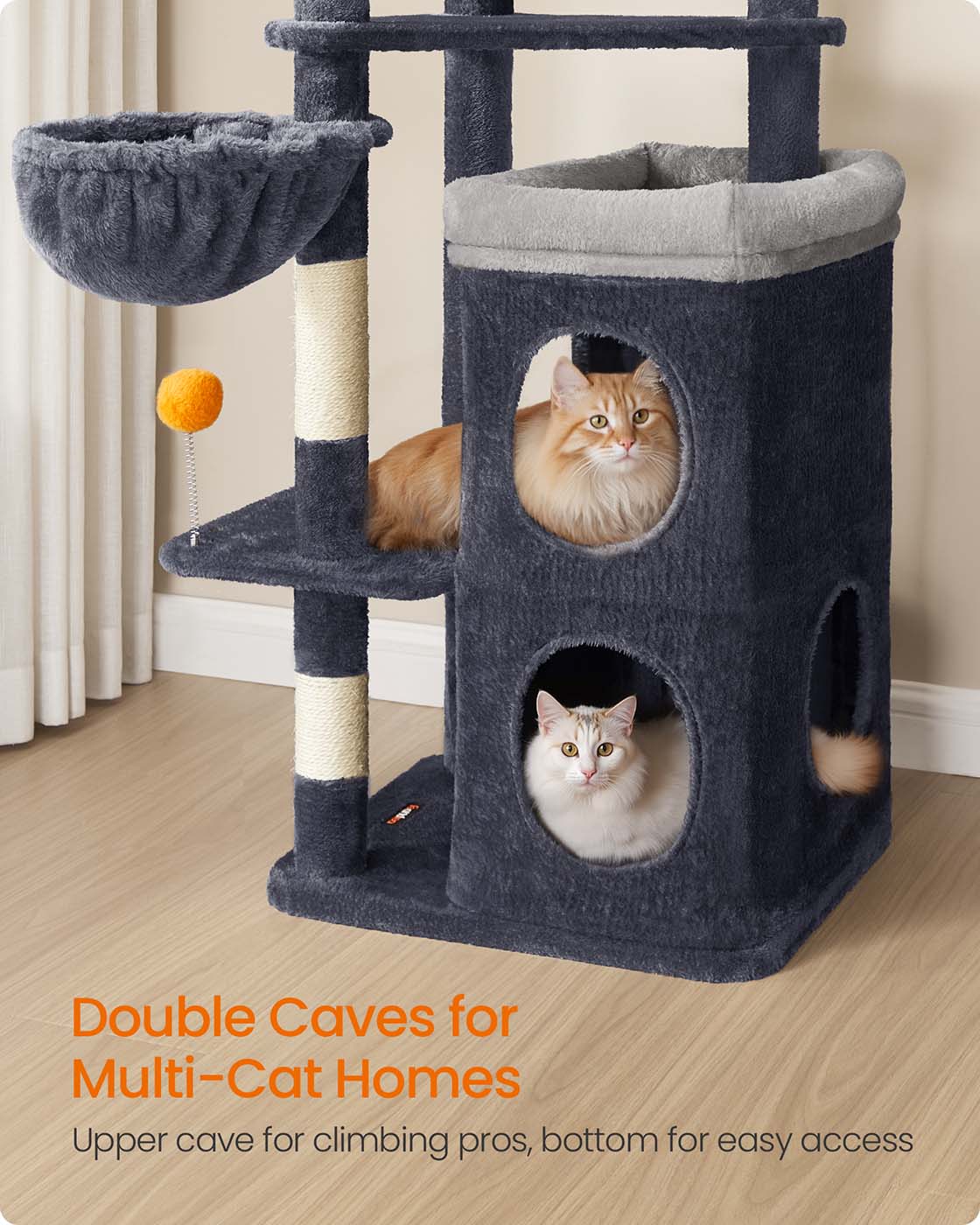 Multi-Level Cat Tree – Engineered Wood – Dove Grey – Includes Caves, Basket, Scratching Posts, and Perches