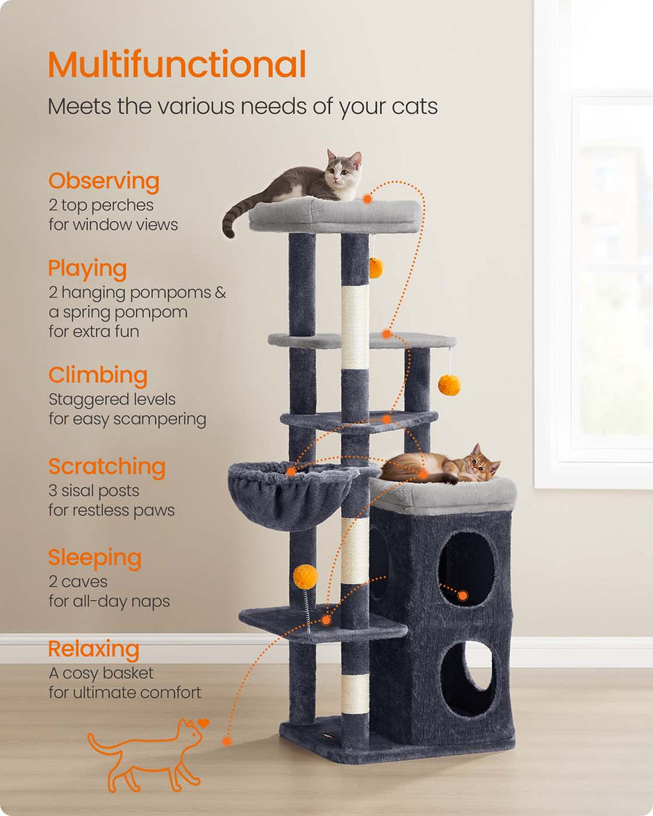 Multi-Level Cat Tree – Engineered Wood – Dove Grey – Includes Caves, Basket, Scratching Posts, and Perches