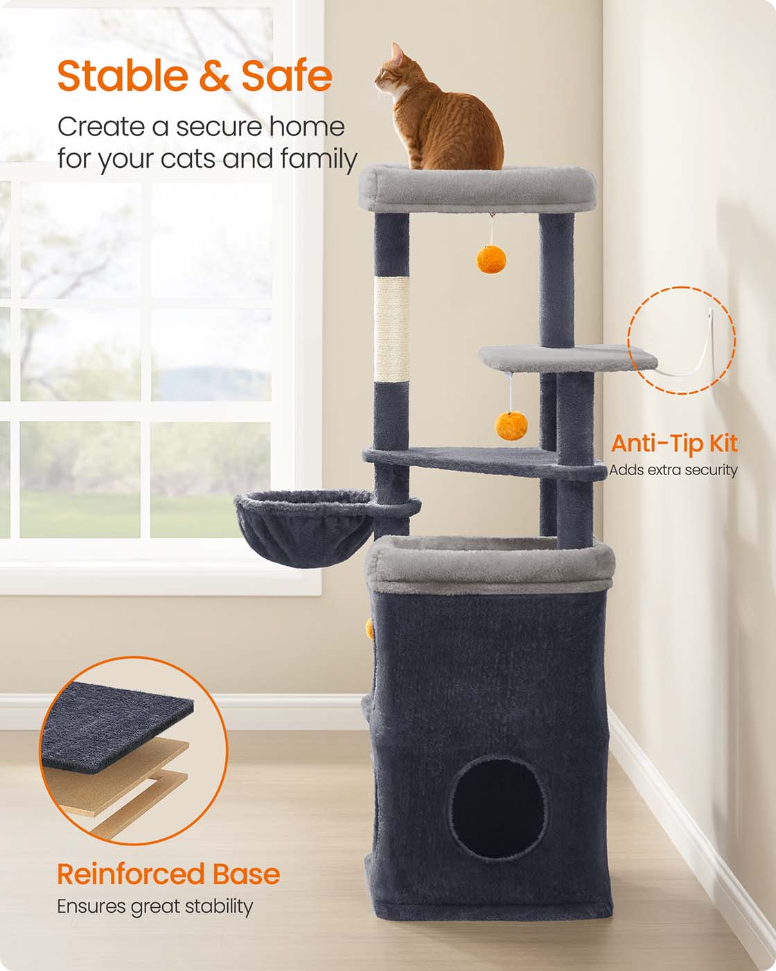 Multi-Level Cat Tree – Engineered Wood – Dove Grey – Includes Caves, Basket, Scratching Posts, and Perches