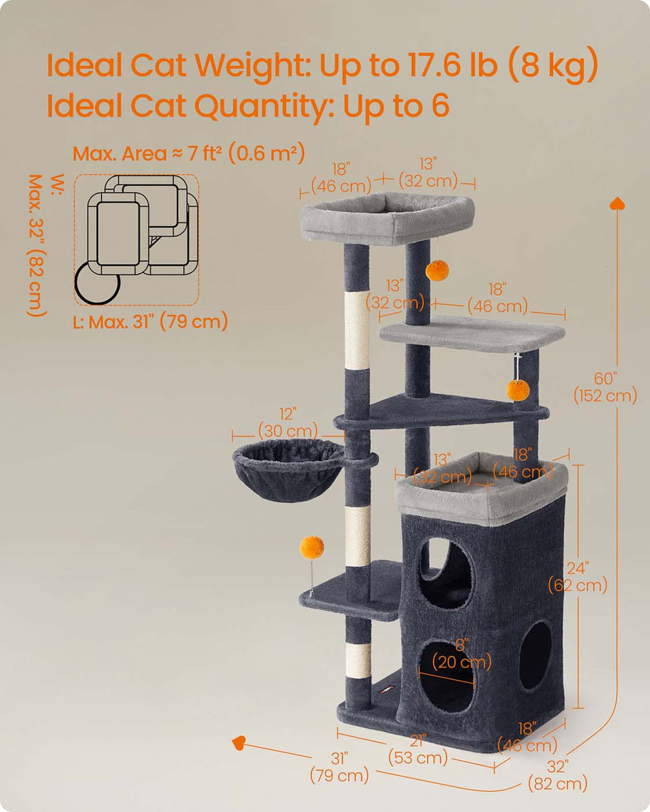 Multi-Level Cat Tree – Engineered Wood – Dove Grey – Includes Caves, Basket, Scratching Posts, and Perches