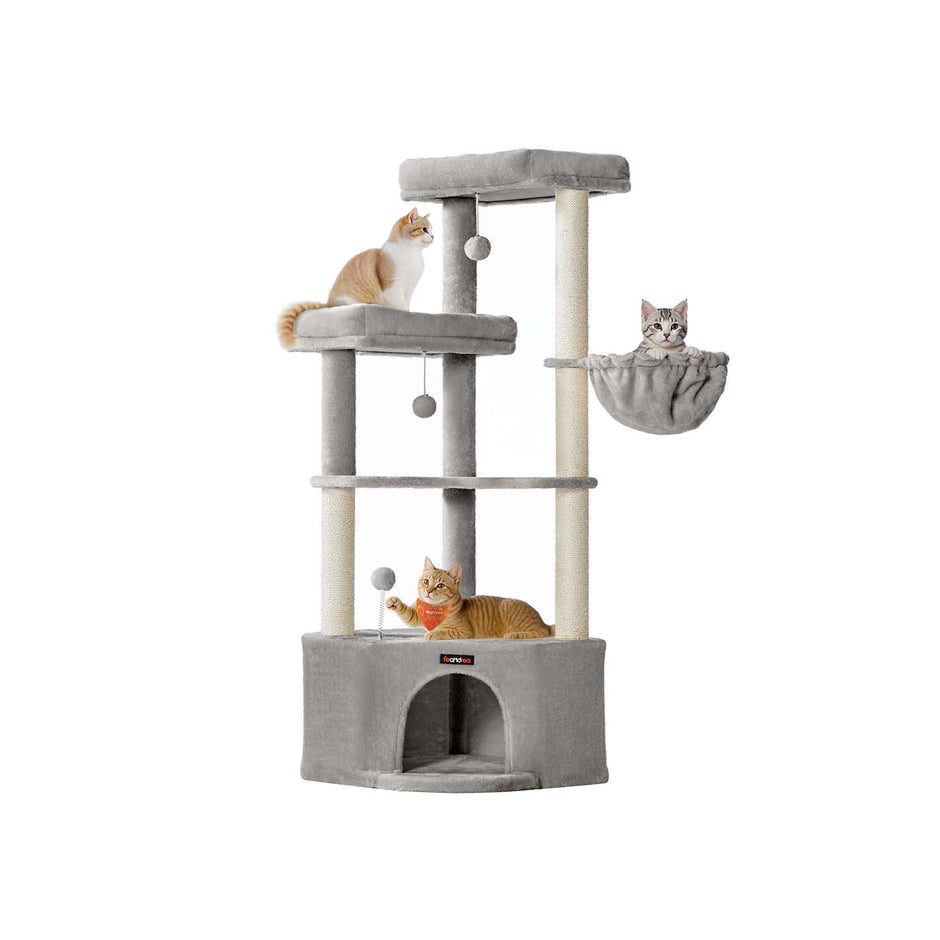 Cat Tree Tower – Engineered Wood – Dove Grey – Large Cave, Perches, and Scratching Posts
