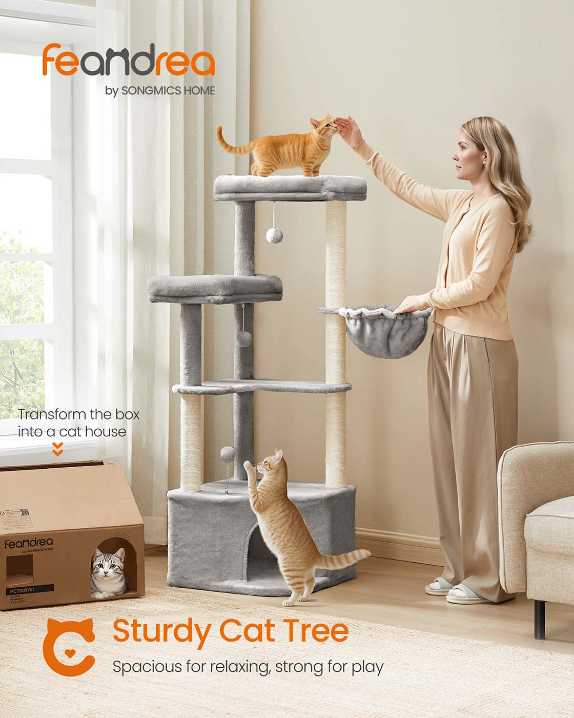 Cat Tree Tower – Engineered Wood – Dove Grey – Large Cave, Perches, and Scratching Posts