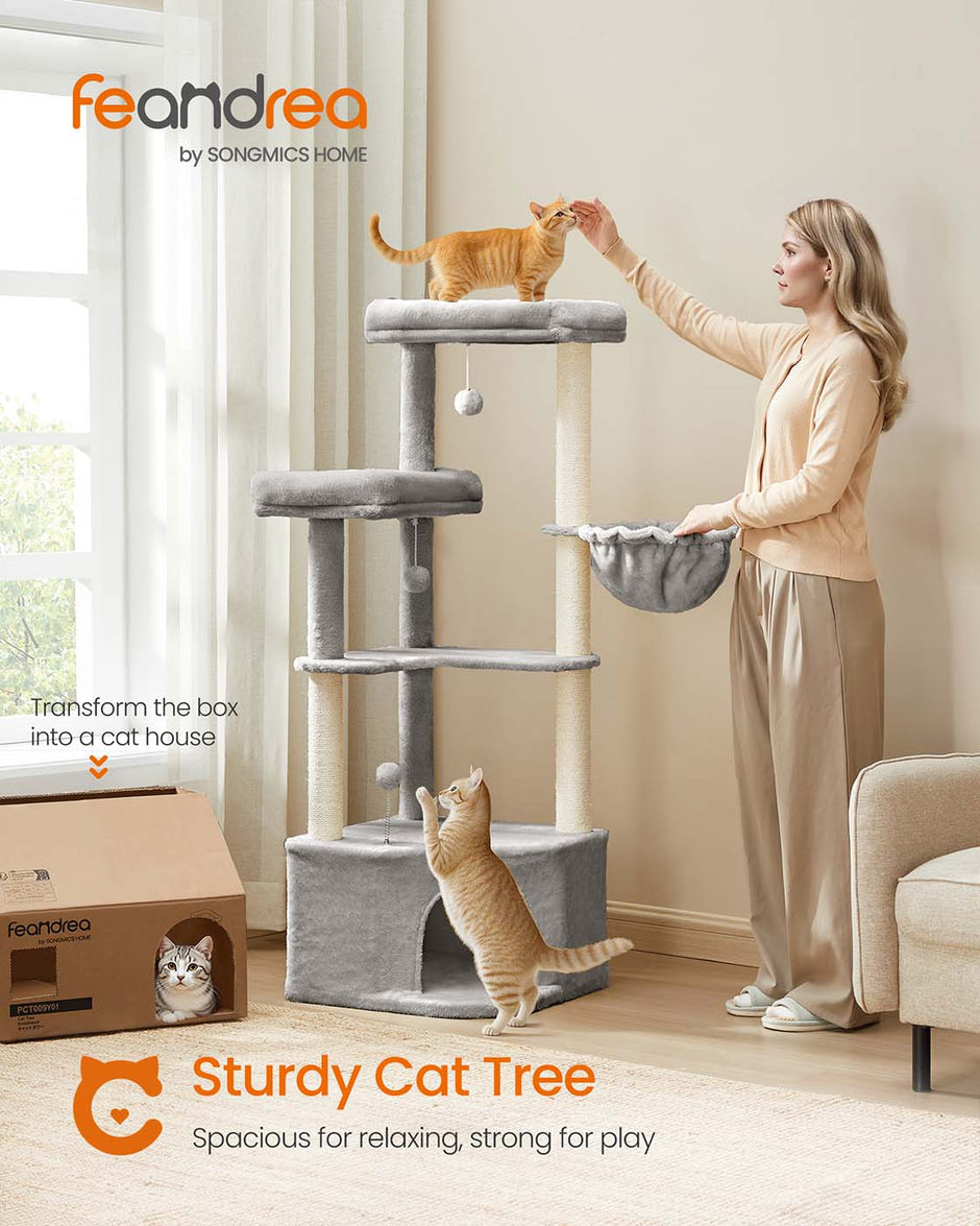 Cat Tree Tower – Engineered Wood – Dove Grey – Large Cave, Perches, and Scratching Posts